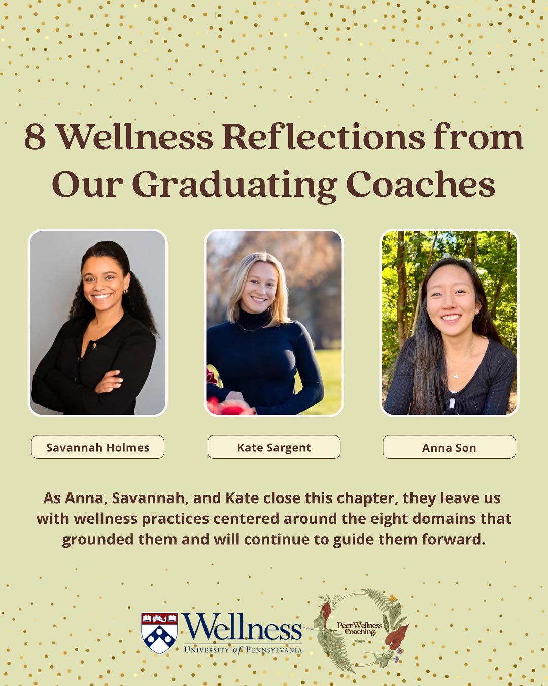 To wrap up International Coaching Week, we’re celebrating our three graduating Peer Wellness Coaches, Anna, Savannah, and Kate, by sharing eight wellness reflections inspired by their time supporting Penn students.
From boundaries to budgeting to simply taking a walk, these tips are grounded in care, reflection, and growth.
Swipe through for their words of wisdom, and join us in wishing them the best on their next chapter! 🎓🎉
#WellnessAtPenn #PennGraduate #PeerWellnessCoaches #SelfCareTips #InternationalCoachingWeek