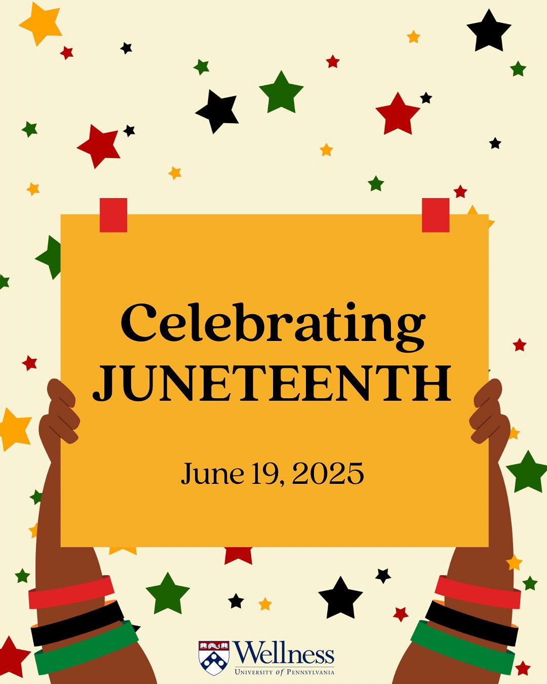 Today we celebrate Juneteenth, a day honoring Black brilliance, resilience, and freedom. Our offices are closed today in observance of the holiday.

🎉 Visit the link in bio to explore Juneteenth celebrations happening in our community! 

#Juneteenth #WellnessAtPenn #CelebrateBlackCulture