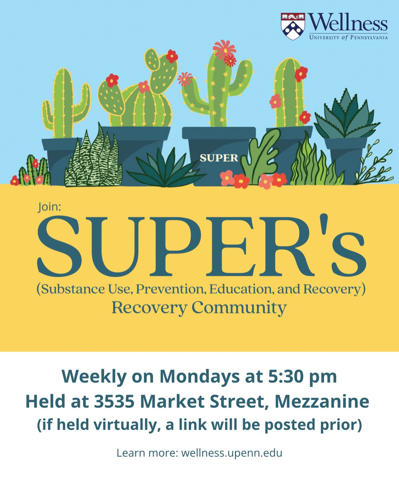 Join SUPER’S Recovery Community every Monday at 5:30 PM. Whether you’re in recovery or simply curious about wellness and harm reduction, all are welcome.
📍 3535 Market St, Mezzanine