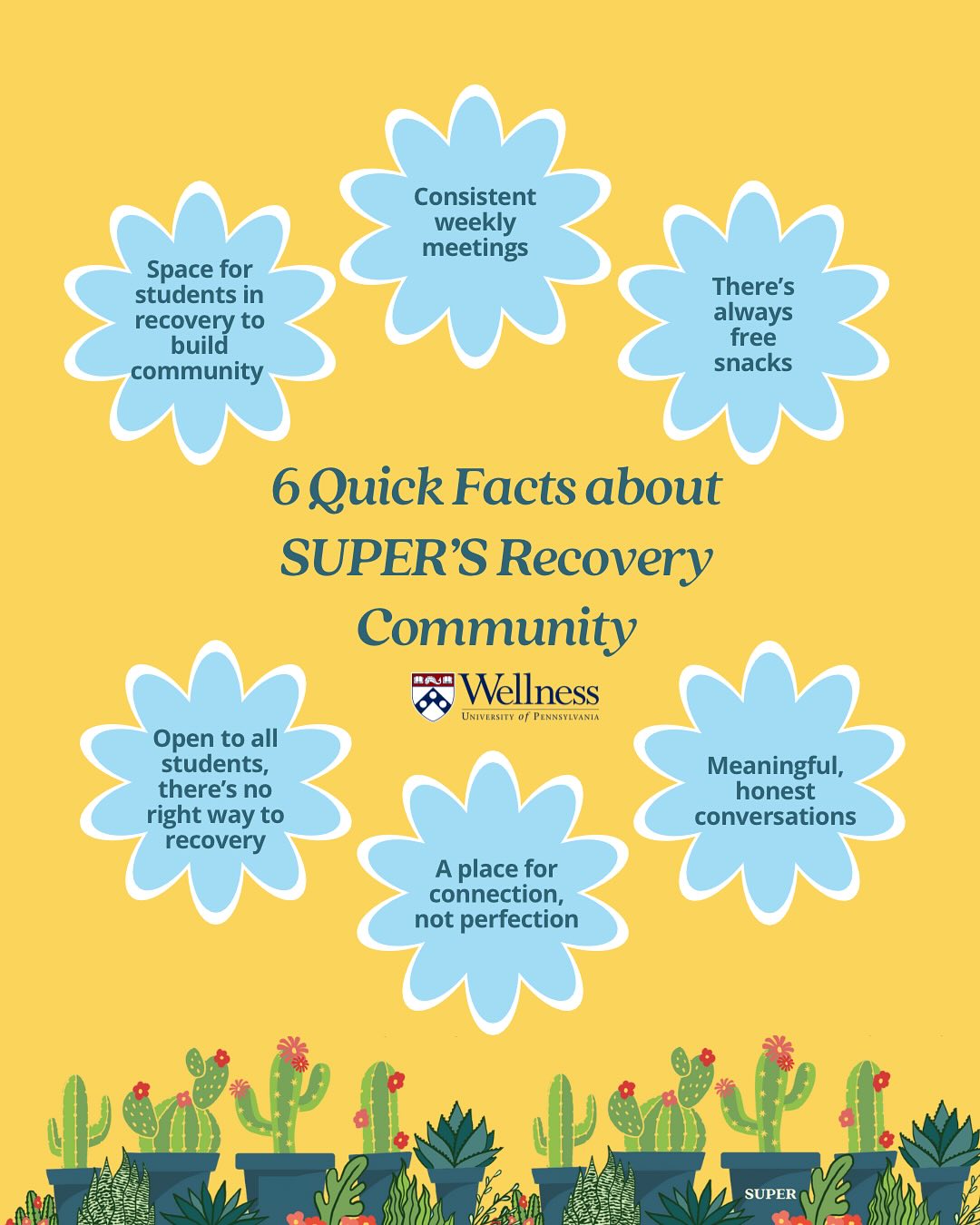 SUPER’s Recovery Community is open to all students at any point in their journey. Join us on Mondays at 5:30 PM at 3535 Market Street on the Mezzanine. 🌵❤️