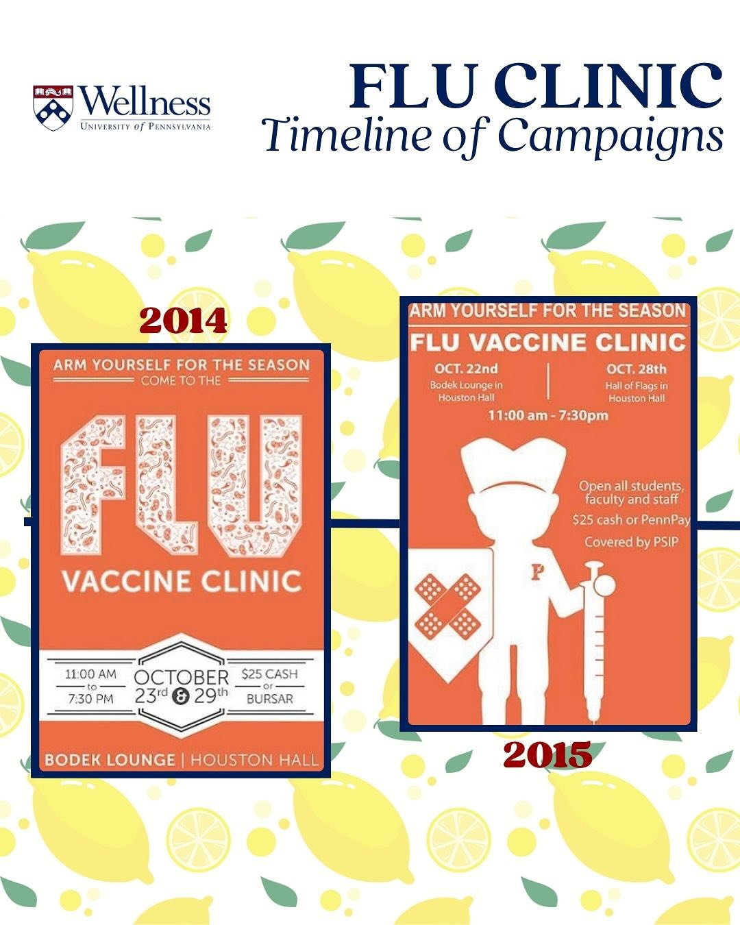 From scaring off the flu to Philly pride, we’ve had so much fun bringing flu shots to Penn through the years! 🥁 And now… join us for this year’s LEMON-THEMED Flu Clinic 🍋✨ It’s easy peasy, lemon squeezy! ✨🍋 #SqueezeInAFluShot
📅 October 15–17
📍 Pottruck Health and Fitness Center
Free flu shots for students, faculty, postdocs & staff (PennCard required).
Learn more: wellness.upenn.edu/flu-clinic-2025