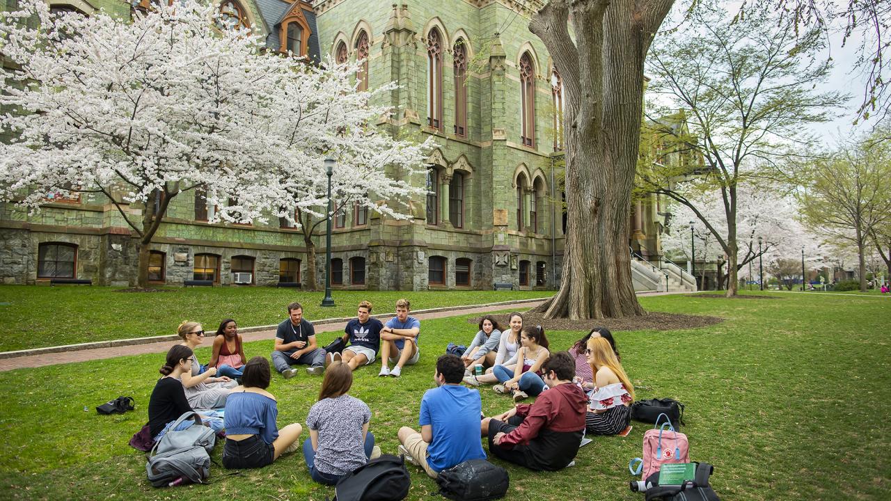 students gathered on locust walk, college green